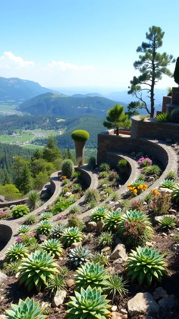 23 Stunning Alpine Garden Ideas for a Breathtaking Landscape 11 A terraced alpine garden with vibrant plants and a scenic mountain view.