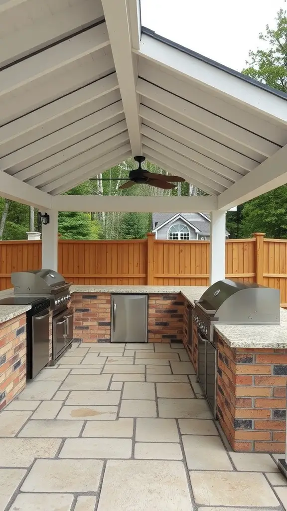 19 Stunning Covered Outdoor Kitchen Design Ideas You’ll Love 12 An outdoor kitchen with built-in grills, a fridge, and stone countertops under a covered structure.
