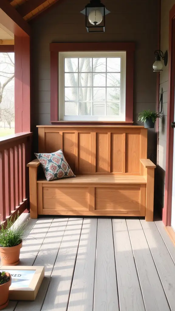 21 Charming Small Back Porch Ideas to Transform Your Outdoor Space 11 Wooden built-in bench with storage on a back porch, decorated with a pillow and surrounded by plants.
