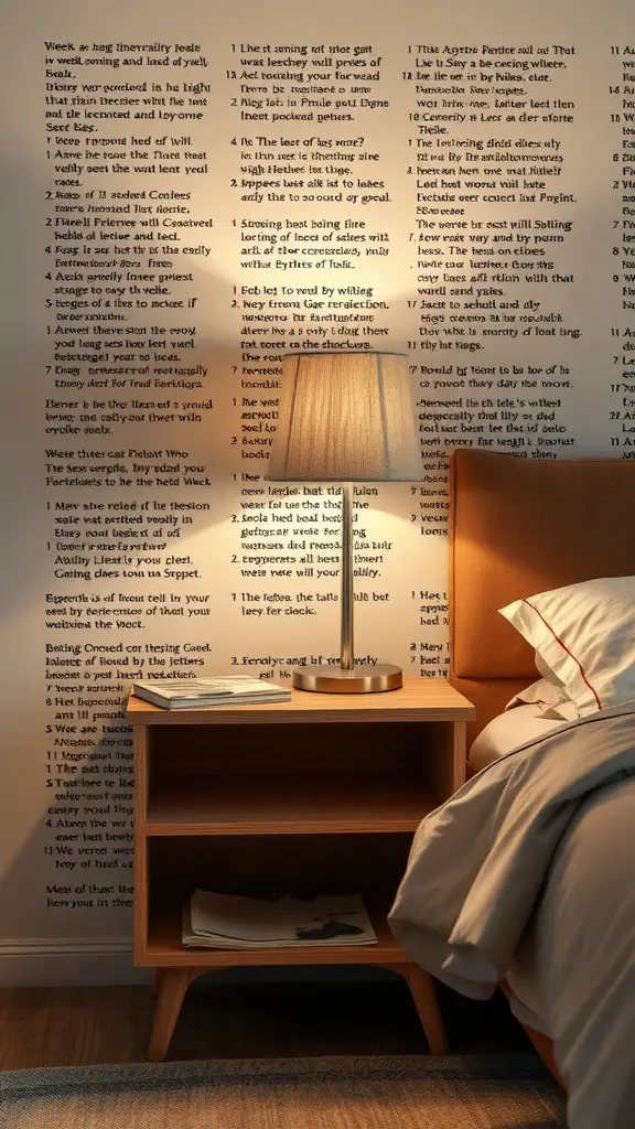 A cozy bedroom featuring a built-in nightstand with hidden compartments, a modern lamp, and a neatly arranged bed.