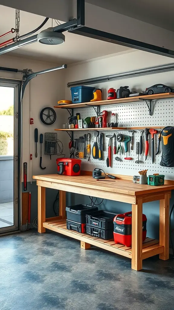 A wooden workbench in a garage with organized tools on a pegboard above it.