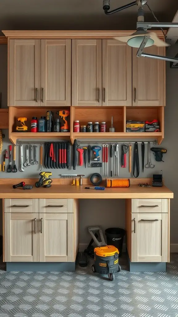 21 Creative Garage Workbench Ideas to Maximize Your Space 4 A built-in garage workbench with wooden cabinets and organized tools