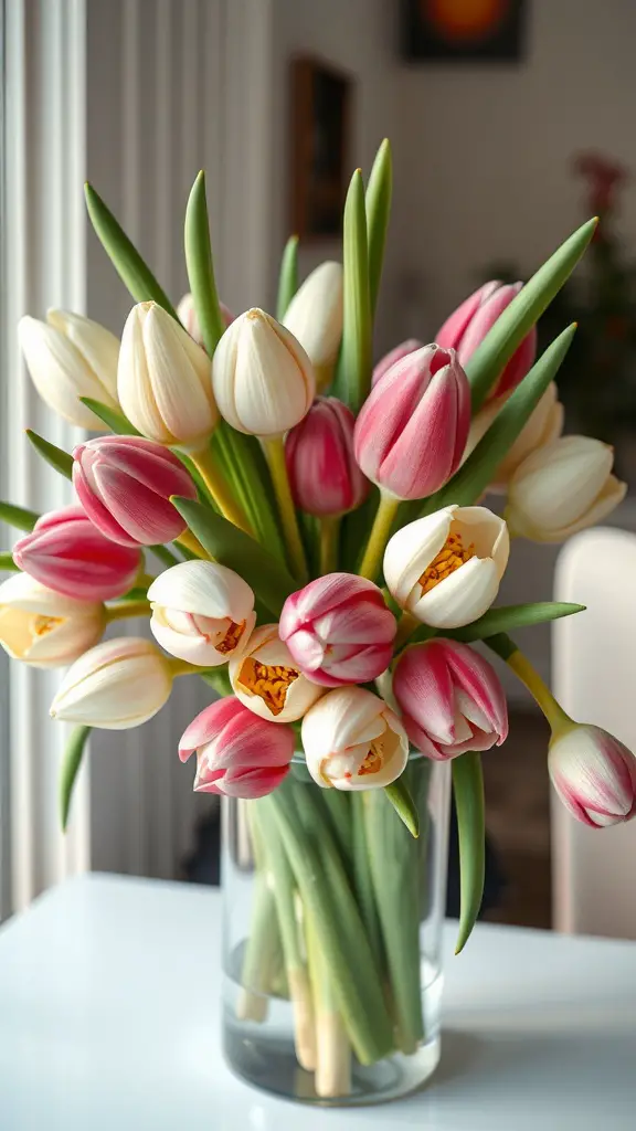 19 Stunning Floral Garden Ideas Featuring Beautiful Bulbs 15 A bouquet of pink and white tulips arranged in a clear vase.