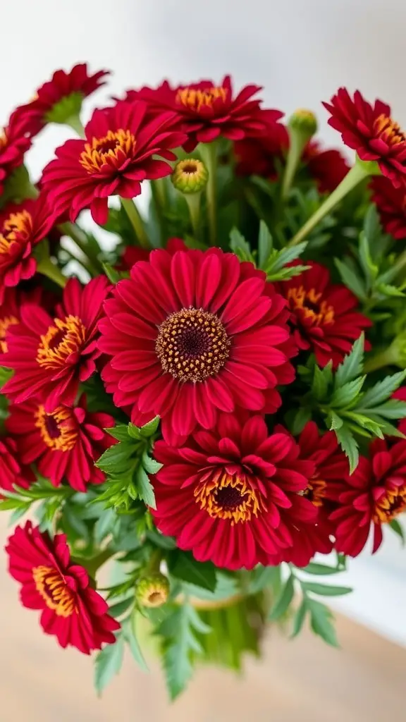 A vibrant bouquet of burgundy zinnias with green foliage