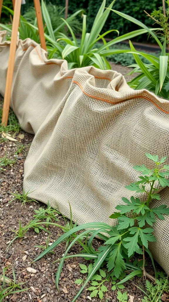 15 Creative Weed Barrier Ideas for Your Garden 9 Burlap sacks arranged in a garden, serving as a weed barrier