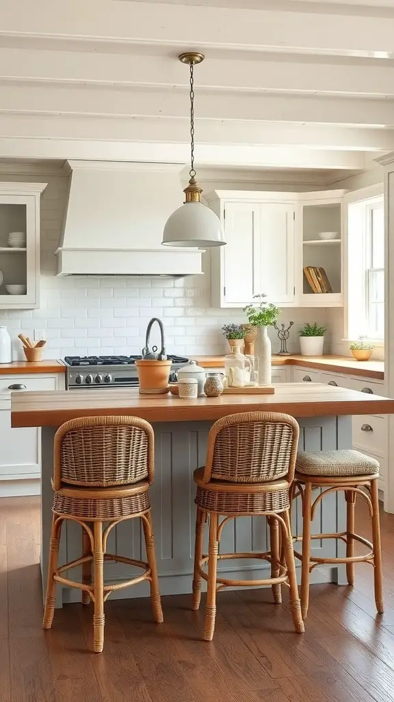 A cozy French cottage kitchen featuring butcher block countertops and wicker stools.