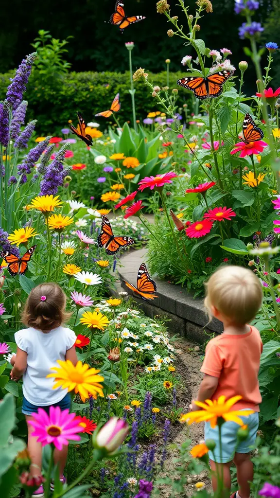 13 Creative Yard Ideas for Kids to Explore and Enjoy 14 Two children watching butterflies in a colorful flower garden