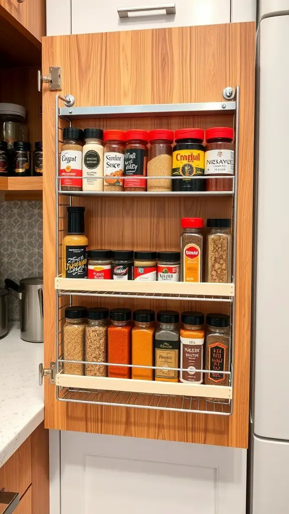 17 Genius Storage Solutions for Small Kitchens 11 A spice rack mounted on the inside of a cabinet door with various spice containers organized neatly.