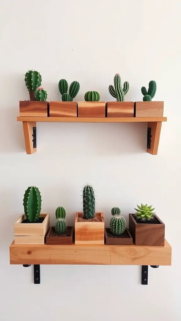 17 Inspiring Indoor Plant Wall Designs Featuring Cacti 5 A wall display featuring various cacti in repurposed wooden boxes on two shelves.