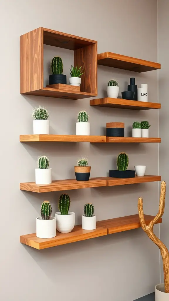 17 Inspiring Indoor Plant Wall Designs Featuring Cacti 16 Floating wall shelves with various cacti in stylish pots.
