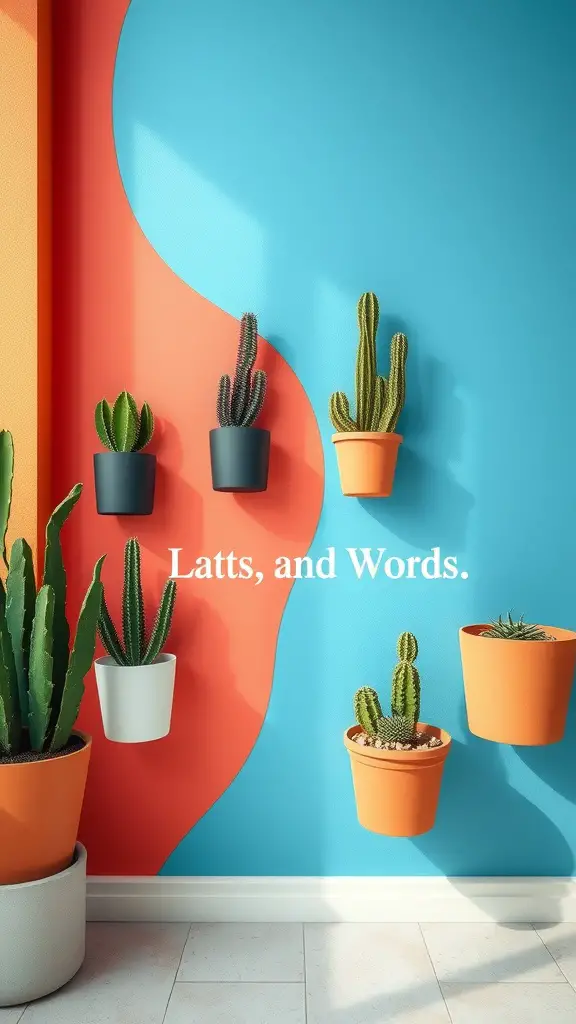 17 Inspiring Indoor Plant Wall Designs Featuring Cacti 14 Cactus accent wall featuring colorful pots on a vibrant painted wall.