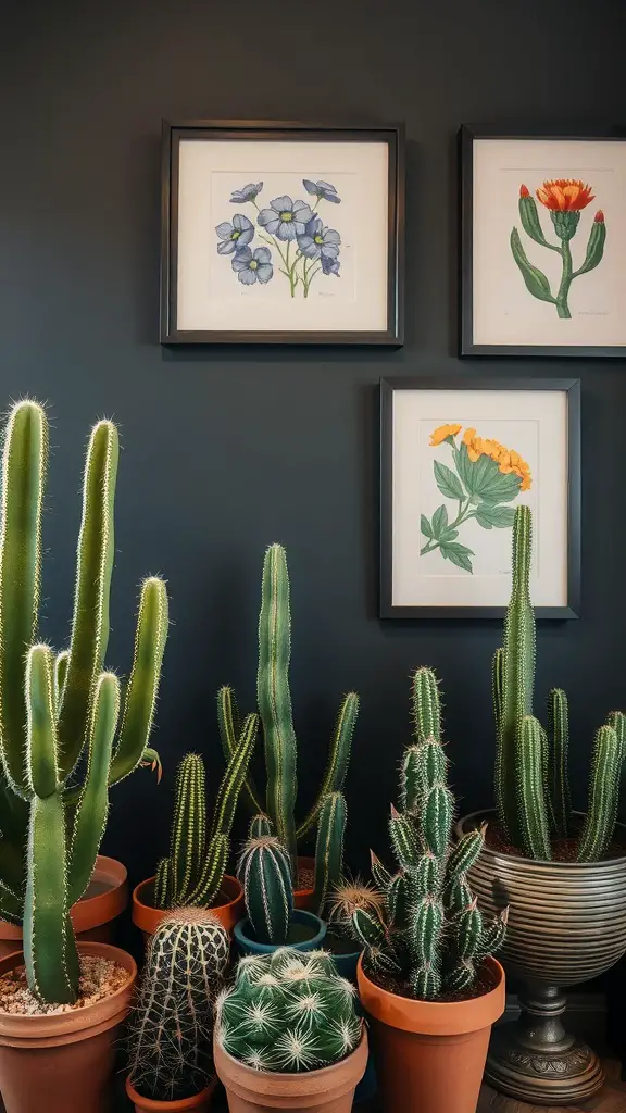 17 Inspiring Indoor Plant Wall Designs Featuring Cacti 11 Potted cacti in front of framed botanical art on a dark wall