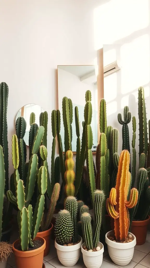 17 Inspiring Indoor Plant Wall Designs Featuring Cacti 15 A bright indoor space featuring various cacti in pots beside a mirror, showcasing a mix of shapes and sizes.