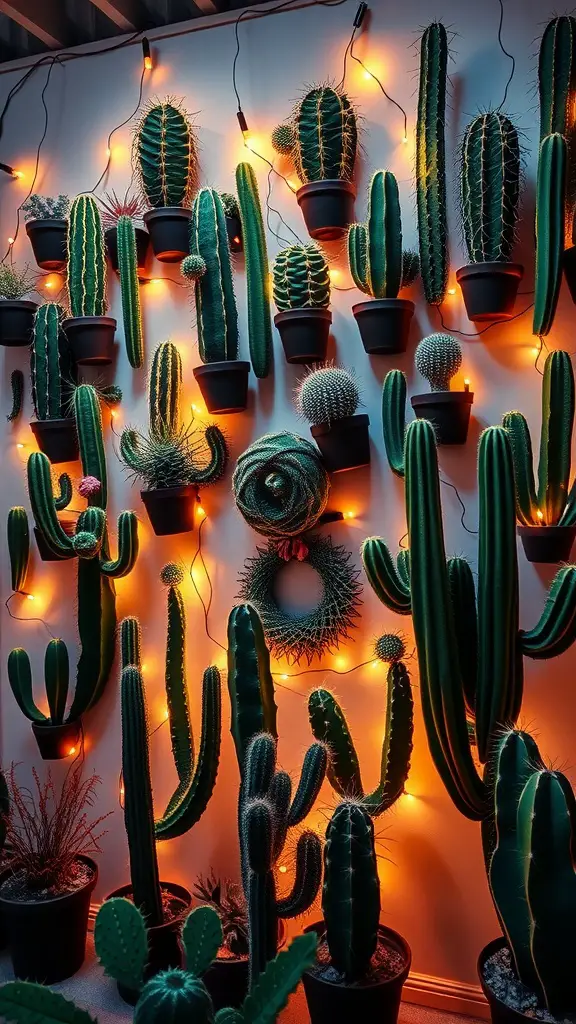 17 Inspiring Indoor Plant Wall Designs Featuring Cacti 17 A wall decorated with various cacti in pots, intertwined with warm string lights.