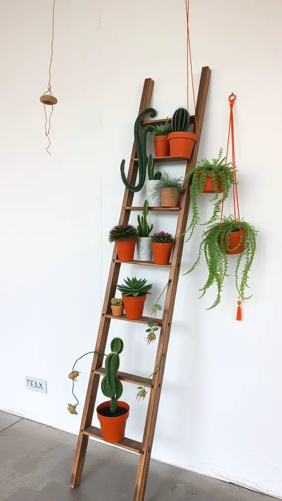 17 Inspiring Indoor Plant Wall Designs Featuring Cacti 4 A wooden ladder displaying various cacti and succulents in terracotta pots against a white wall.