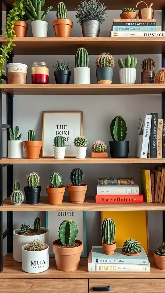 17 Inspiring Indoor Plant Wall Designs Featuring Cacti 7 A wooden shelf displaying various cacti in different pots, surrounded by books and artwork.
