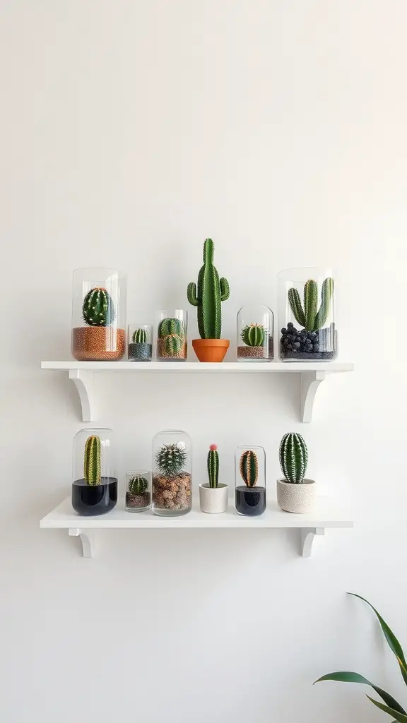 17 Inspiring Indoor Plant Wall Designs Featuring Cacti 13 A shelf featuring various cacti in glass containers, showcasing a modern indoor plant design
