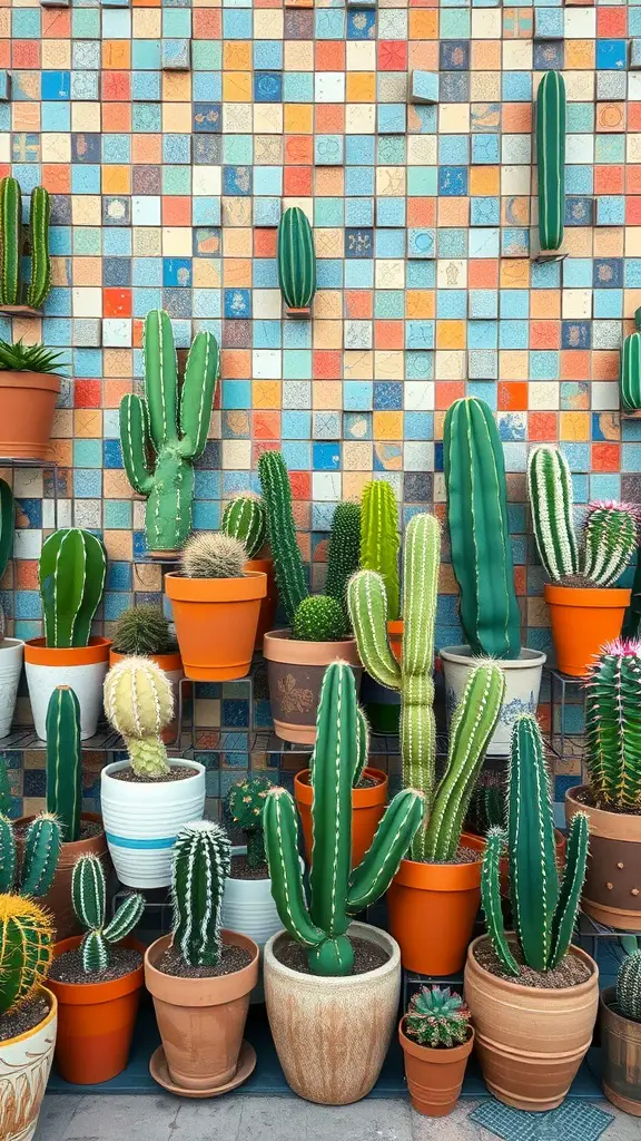 17 Inspiring Indoor Plant Wall Designs Featuring Cacti 8 A colorful cactus wall mosaic featuring various cacti in pots against a tiled background.