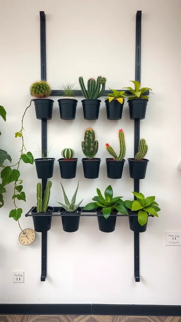 17 Inspiring Indoor Plant Wall Designs Featuring Cacti 10 A black wall-mounted planter featuring various cacti and plants, with a drip tray to catch excess water, against a white wall.