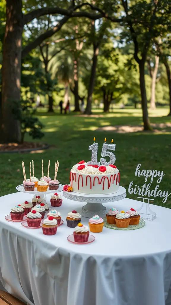 13 Fun Park Birthday Party Ideas for an Unforgettable Celebration 15 A birthday cake and cupcakes displayed on a table in a park setting for a birthday celebration.