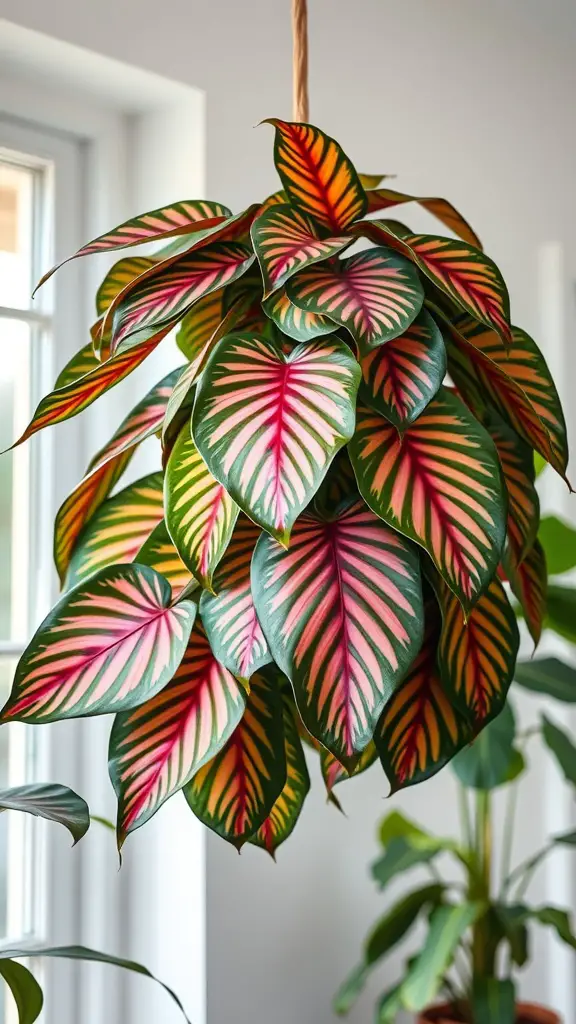 15 Stunning Indoor Hanging Plants to Transform Your Space 15 A vibrant Calathea plant with colorful leaves hanging indoors.