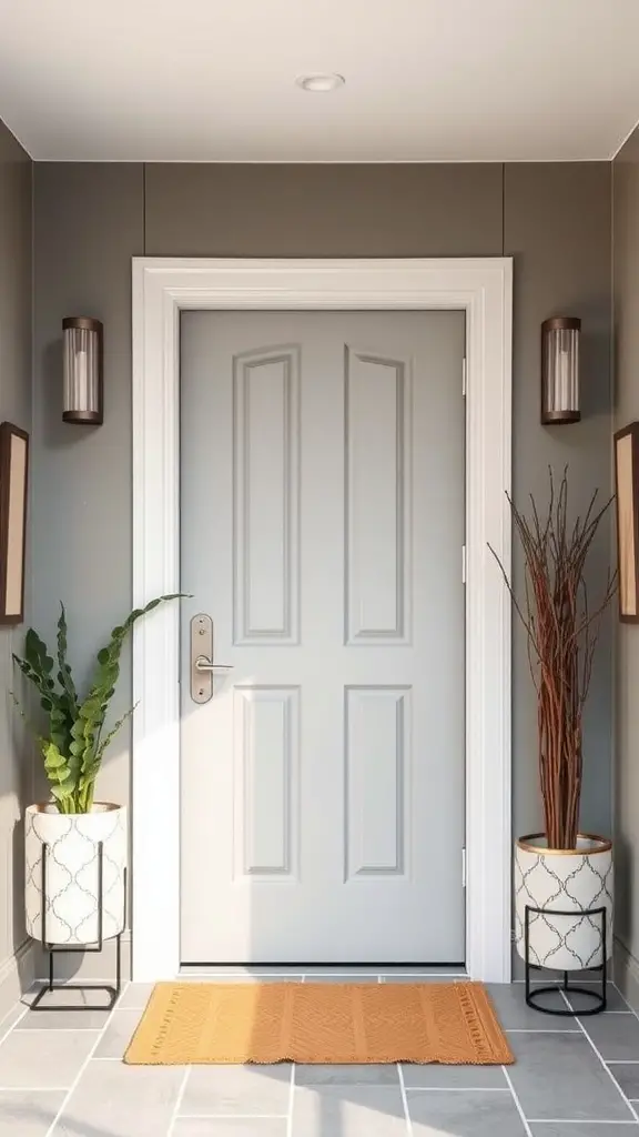 13 Stunning Front Door Color Ideas to Transform Your Home 4 Front door painted in light gray, surrounded by potted plants and stylish light fixtures.