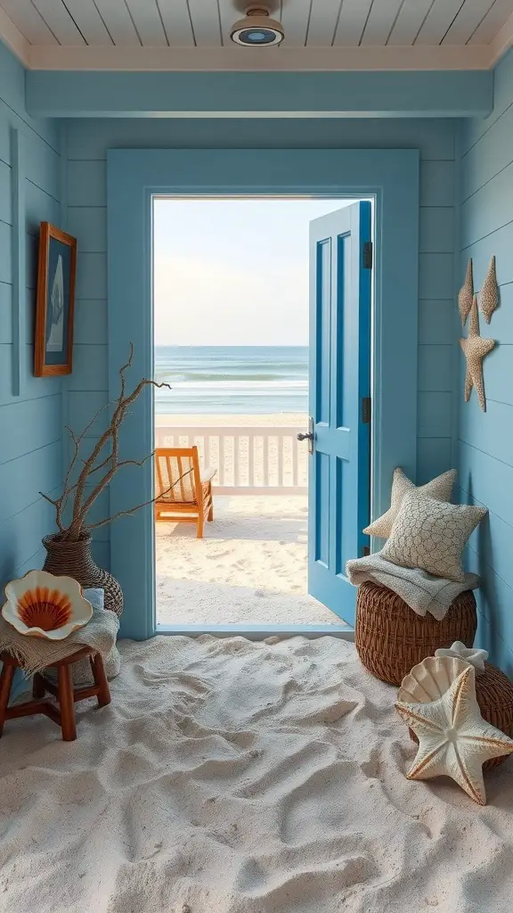 A calm ocean blue door opens to a sandy area with beach decor, showcasing a serene coastal vibe.