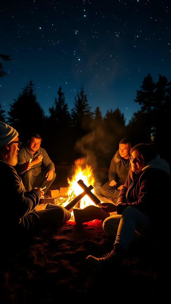 Group of people sitting around a campfire at night, sharing stories and roasting marshmallows.