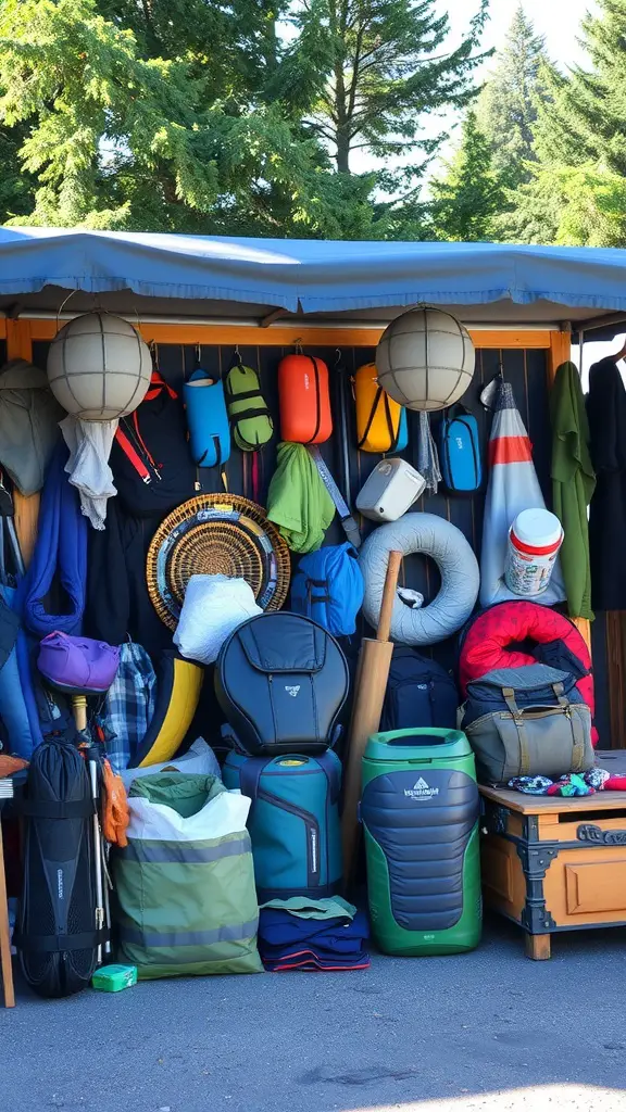 21 Creative Garage Sale Ideas to Boost Your Sales 15 A variety of camping gear and outdoor essentials displayed for sale, including bags, sleeping bags, and camping equipment.