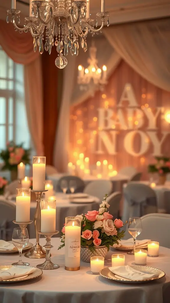23 Creative Baby Shower Ideas for December Celebrations 11 A beautifully decorated table with candles and flowers for a baby shower celebration.