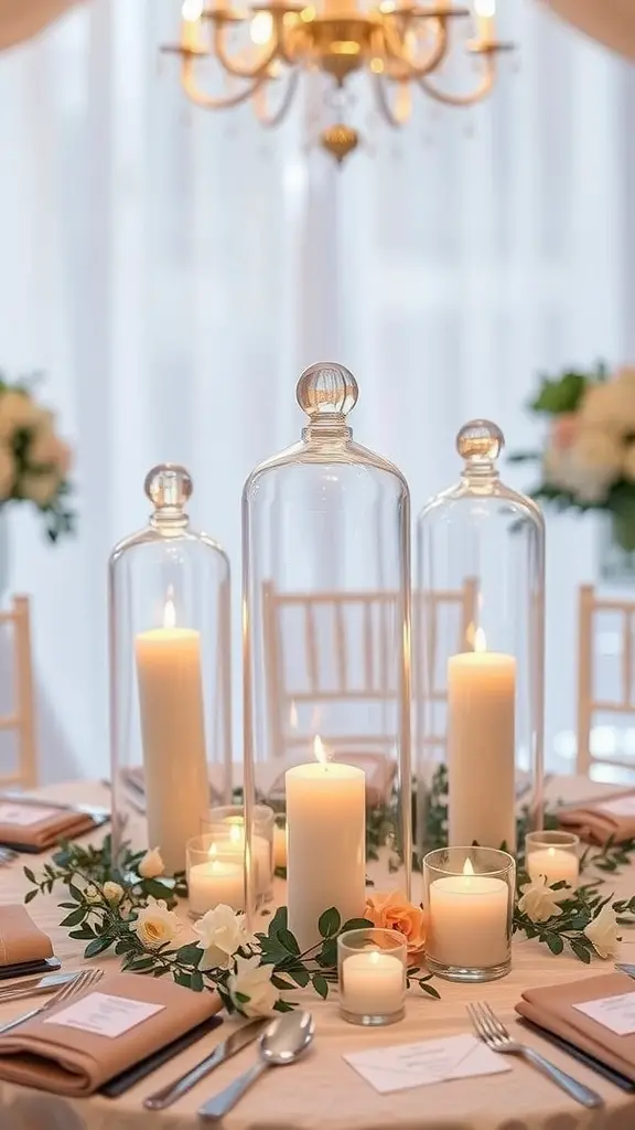 25 Stunning Wedding Table Centerpieces to Inspire Your Big Day 3 Wedding table centerpiece featuring glass domes over candles, surrounded by flowers and greenery.