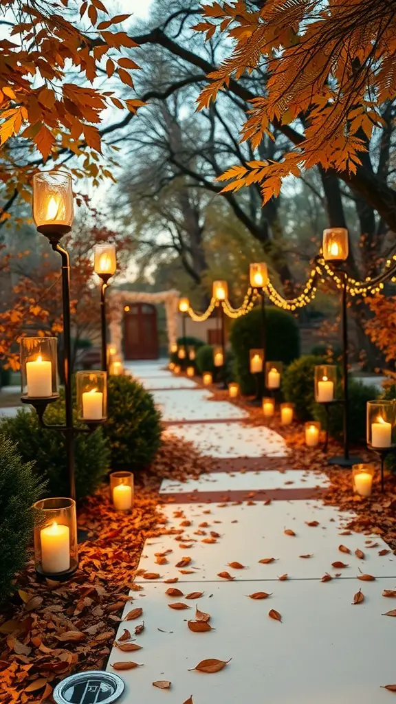 A candlelit pathway lined with candles and autumn leaves, creating a warm, romantic atmosphere.
