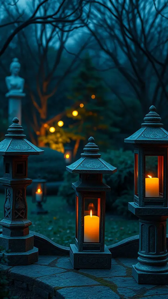 21 Creative Garden Lantern Ideas to Illuminate Your Outdoor Space 2 Stone lanterns with candles lit inside, glowing warmly in a garden setting at dusk.
