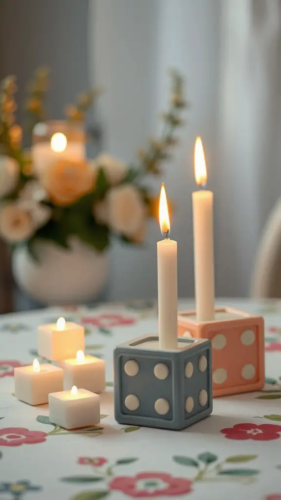 29 Adorable Baby Shower Centerpiece Ideas You’ll Love 6 Candles in baby-themed holders on a decorated table with flowers.