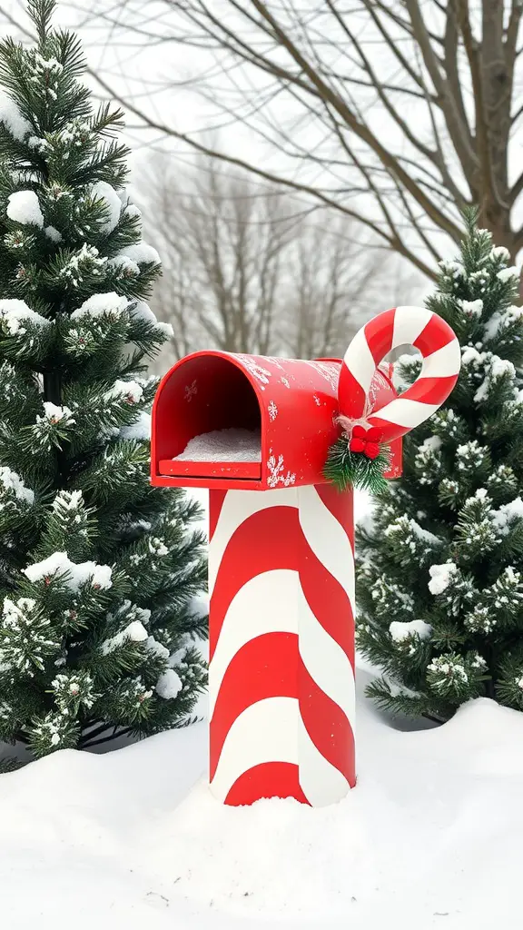 A candy cane striped mailbox surrounded by snow and evergreen trees