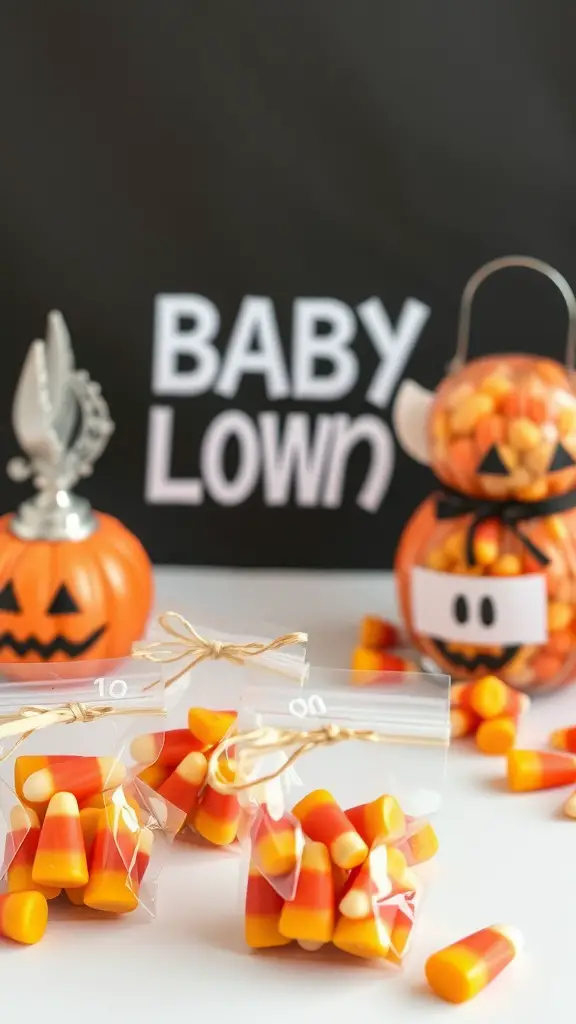 19 Creative Halloween Baby Shower Ideas to Spook Up Your Celebration 16 Candy corn party favors in clear bags with decorative elements for a Halloween baby shower