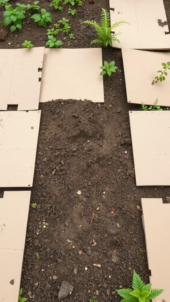 15 Creative Weed Barrier Ideas for Your Garden 8 Cardboard laid out in a garden bed with plants growing in between.