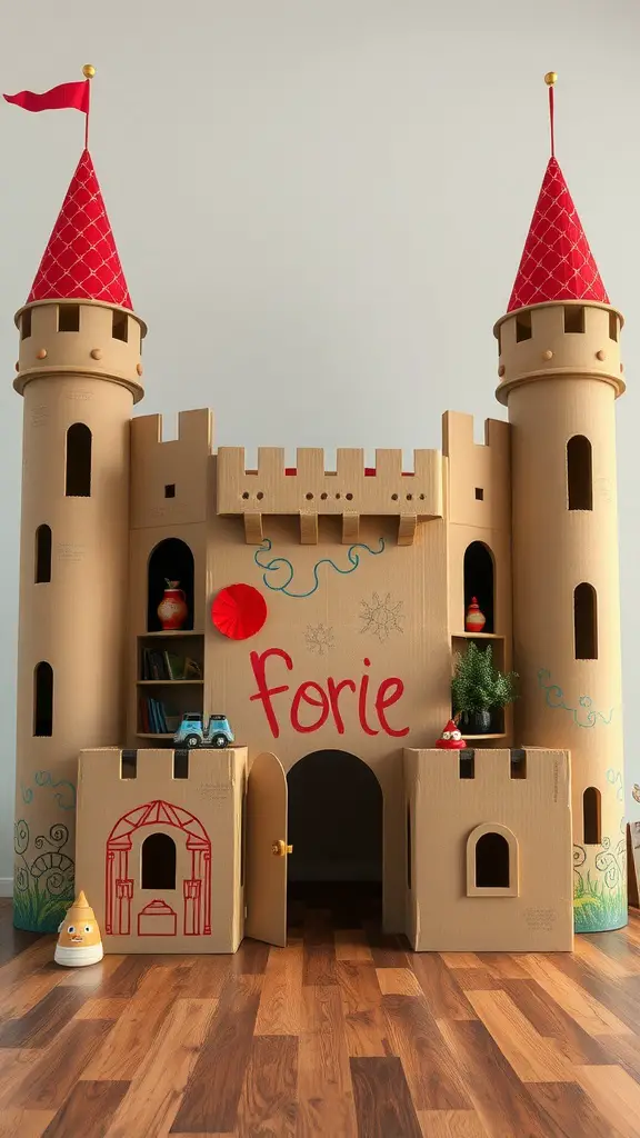 21 Creative Indoor Fort Ideas for Kids 6 Colorful cardboard box castle with red flags and playful decorations