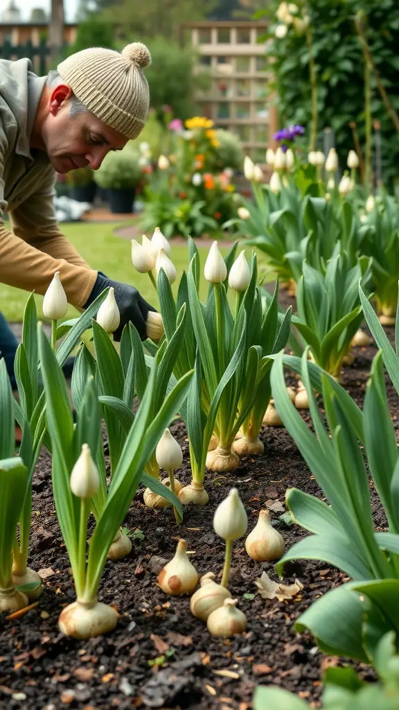 19 Stunning Floral Garden Ideas Featuring Beautiful Bulbs 16 A person tending to blooming tulip bulbs in a garden.