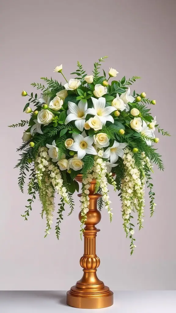 19 Stunning Wedding Floral Centerpieces to Inspire Your Big Day 6 A floral centerpiece featuring cascading greenery with white blooms on a golden pedestal