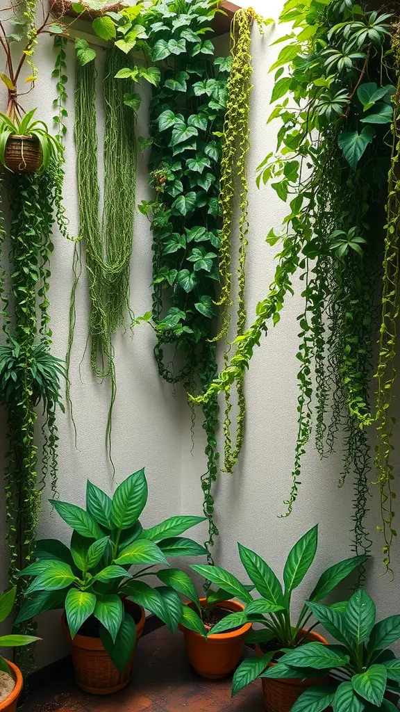 A corner featuring cascading plants with long trailing vines and larger leafy plants at the base.