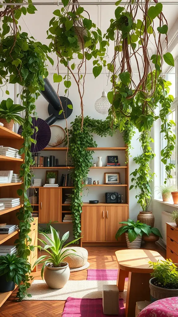 A cozy indoor space featuring cascading vines from the ceiling, wooden shelves, and plants on the floor.