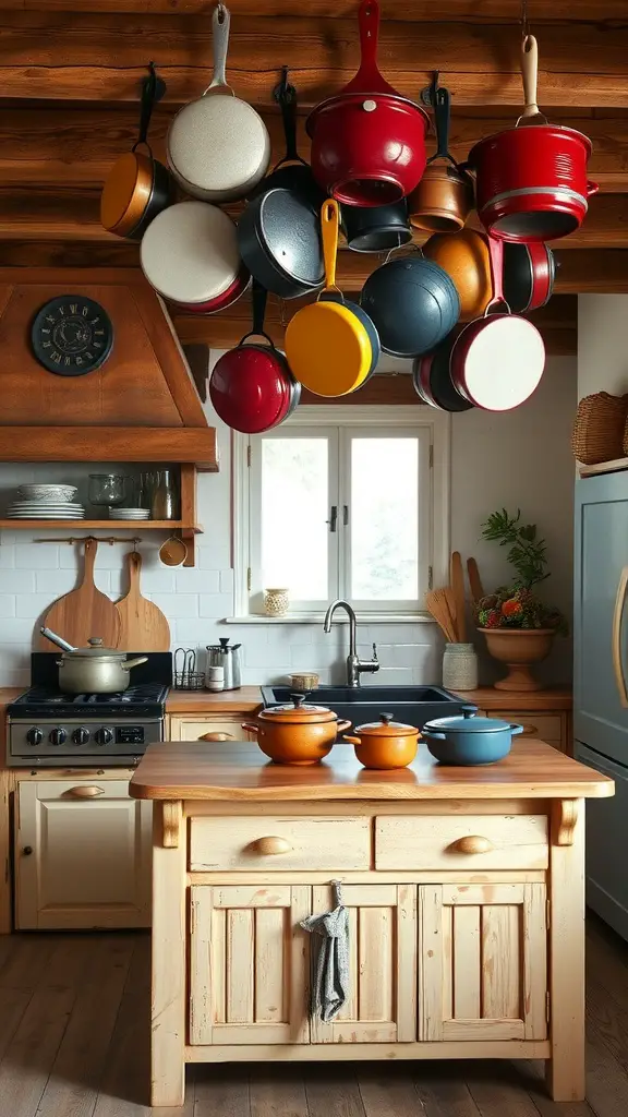 A French cottage kitchen displaying colorful cast iron cookware hanging from the ceiling and placed on a wooden island.