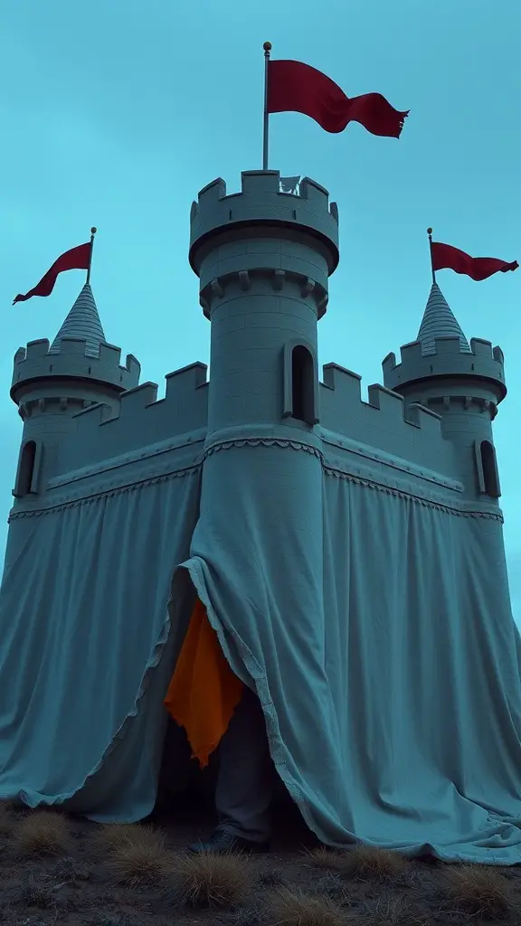 23 Creative Blanket Fort Ideas for Ultimate Cozy Fun 10 A large castle fort made from blankets with flags on top, creating a whimsical play space.