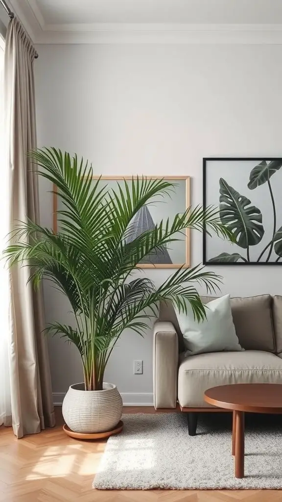 A Cat Palm in a bright living room next to a sofa and coffee table