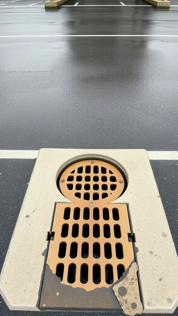 A catch basin in a parking lot, showing its grate and surrounding pavement
