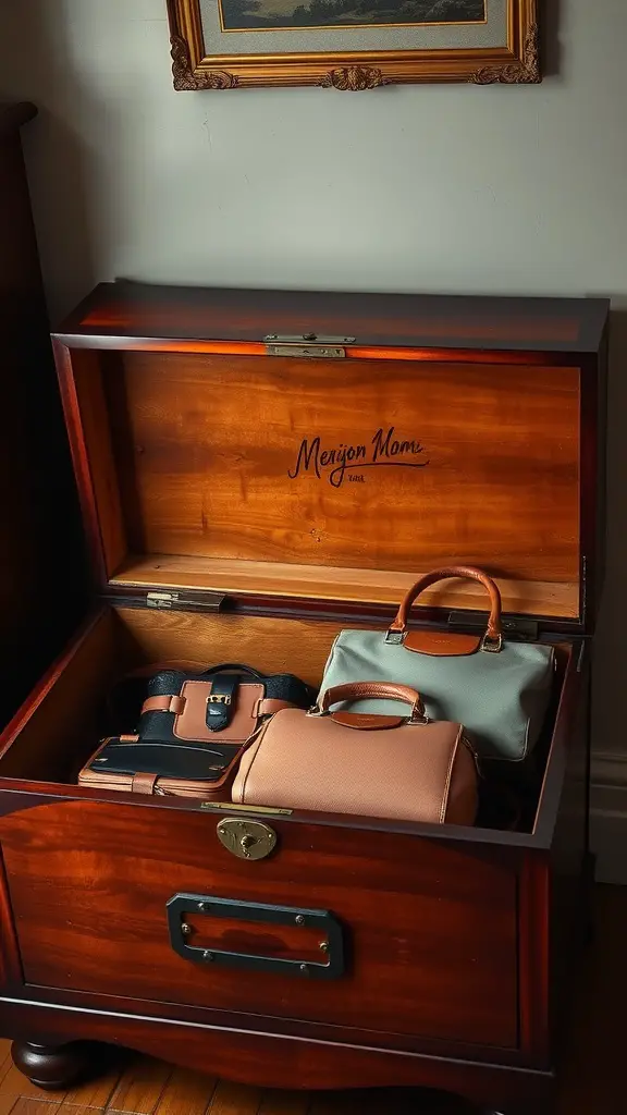 Cedar chest with purses inside, showcasing a warm wood finish and organized storage.