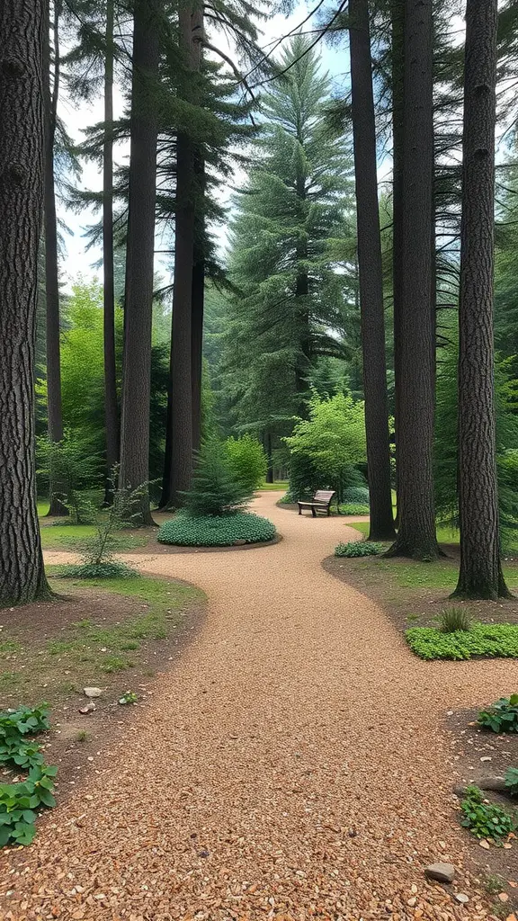 21 Stunning Pathway Landscaping Ideas to Enhance Your Outdoor Space 12 A serene cedar chip trail winding through a lush woodland garden with tall trees and a bench.