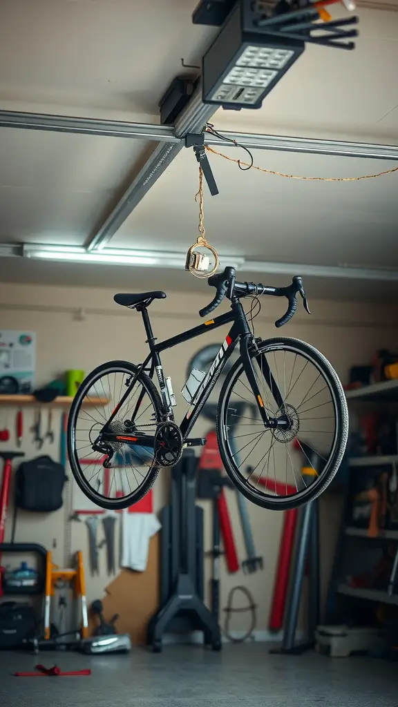 21 Creative Bike Storage Ideas for Small Spaces 9 A ceiling-mounted bike hoist displaying a black bike suspended in a garage.