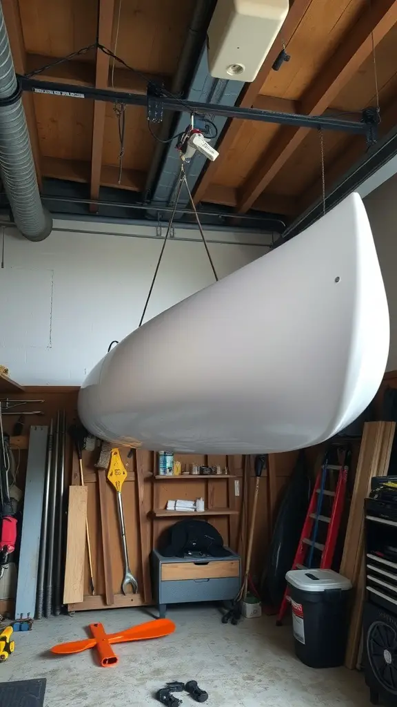 25 Creative Kayak Storage Ideas for Small Spaces 5 A kayak suspended from a ceiling hoist in a garage, demonstrating effective storage.